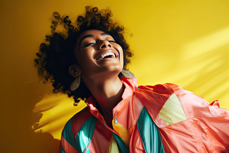 Cheerful african american woman with afro hairstyle in colorful jacket on yellow backgroundの素材