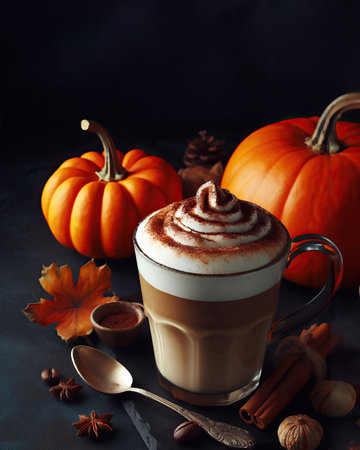 Pumpkin latte with whipped cream and spices on dark backgroundの素材