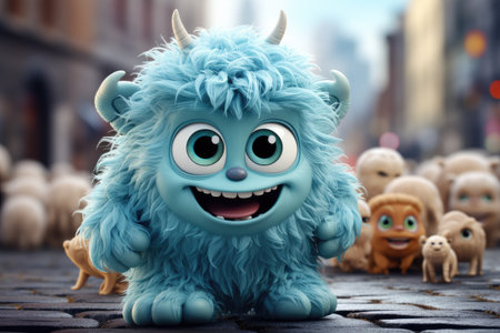 Funny little monster in the city. 3d rendering, 3d illustration.の素材
