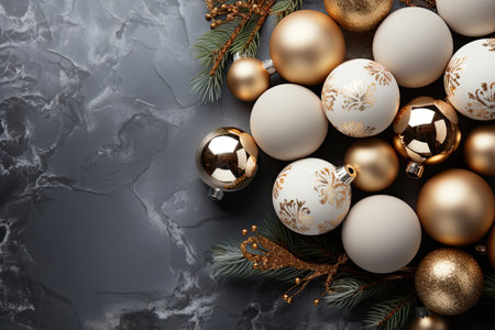 Christmas composition with golden baubles and fir branches on gray backgroundの素材