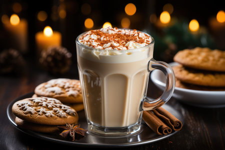 Cup of coffee with whipped cream and cookies on dark wooden backgroundの素材