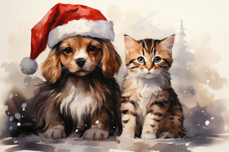 Cat and dog in santa hat on white background. Digital paintingの素材