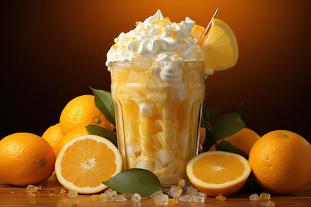 Orange milkshake with whipped cream and lemon slices on wooden tableの素材