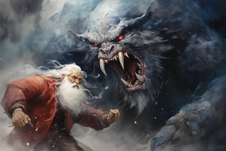 Fantasy scene with a Santa Claus and a wolf monsterの素材