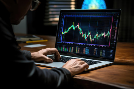 Side view of a man using a laptop with a stock market chart on the screen.の素材