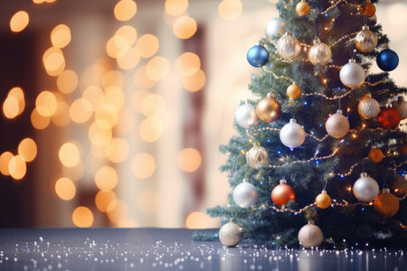 Christmas tree with colorful baubles on bokeh lights backgroundの素材