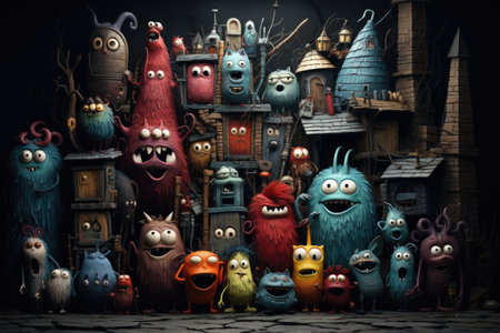 Funny colorful monsters on a dark background. Halloween. Horror.の素材