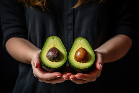 Avocado halves in the hands of a young woman on a dark backgroundの素材
