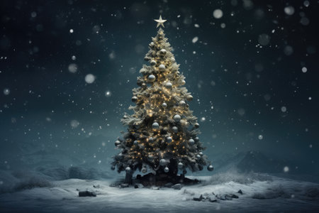 Christmas tree in snow with stars and snowflakes on dark backgroundの素材
