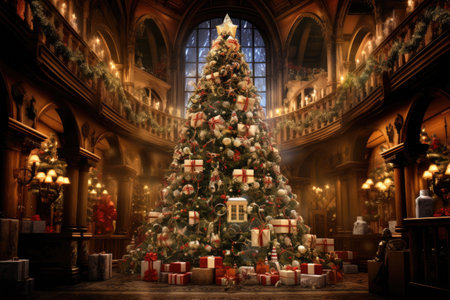 Christmas tree in the interior of the gothic library with Christmas giftsの素材