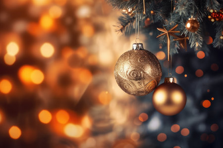 Christmas tree with golden baubles on bokeh background.の素材