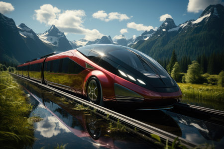 High speed train on the road in the mountains. 3d renderingの素材
