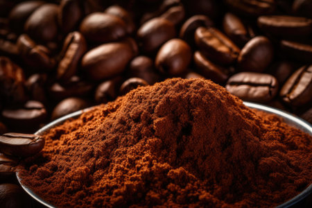 Coffee beans and ground coffee in a bowl on wooden backgroundの素材