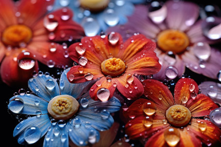 Colorful flowers with water drops on black background, close-upの素材