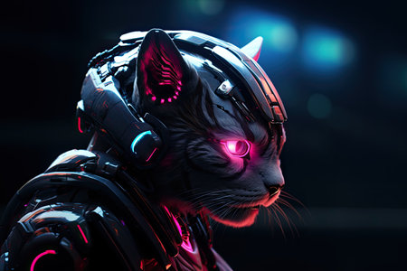 Futuristic black cat with neon lights. Cyberpunk style.の素材
