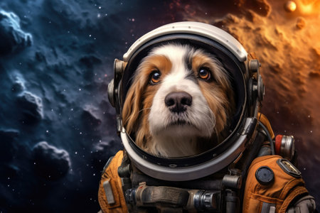 Astronaut dog in space. Portrait of a dog in space.の素材
