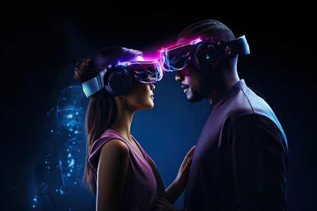 Couple in virtual reality headset looking at each other on dark backgroundの素材