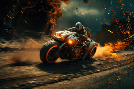Racing motorcycle on the road. 3d rendering toned imageの素材
