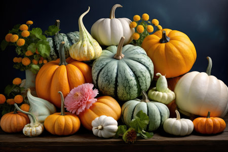 Autumn still life with pumpkins, gourds and flowersの素材