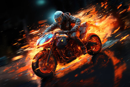 Motorcyclist on a motorcycle in the flames of the night cityの素材