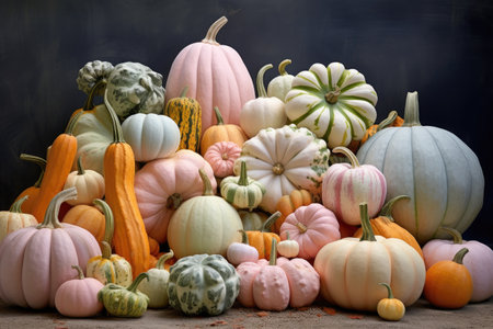 Variety of colorful pumpkins and squashes on rustic wooden tableの素材