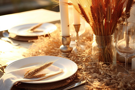 Beautiful table setting with spikelets of wheat on table in restaurantの素材