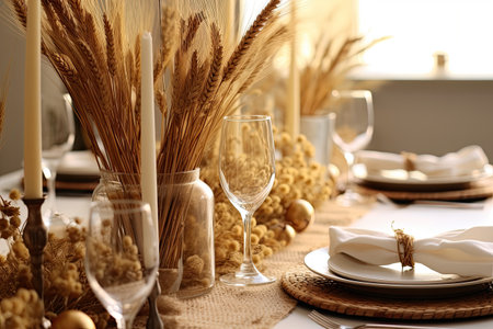 Elegant table setting with golden ears of wheat, closeupの素材