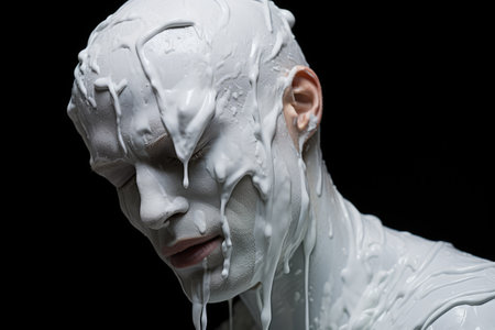 close up view of mannequin in white paint isolated on blackの素材