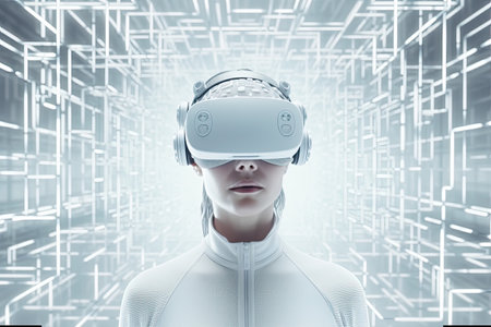 Woman wearing virtual reality goggles against abstract glowing light design over white backgroundの素材