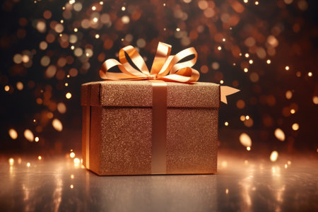 Gift box with golden bow on bokeh lights background.の素材