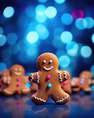 Gingerbread man on bokeh background, christmas food.の素材