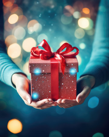 Christmas, holidays, celebration and people concept - close up of man and woman hands with gift box over lights backgroundの素材