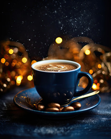 Cup of coffee with milk and christmas decorations on dark backgroundの素材