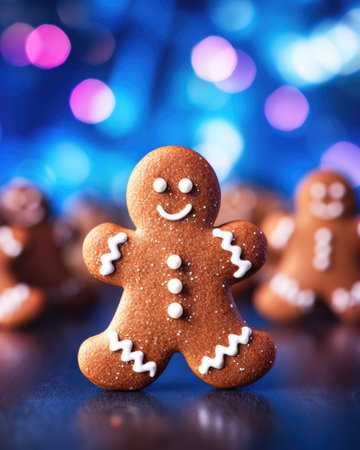 Gingerbread man on bokeh background, christmas food.の素材