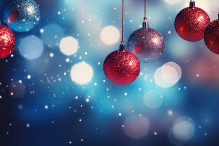 Christmas background with red and blue baubles on bokeh backgroundの素材