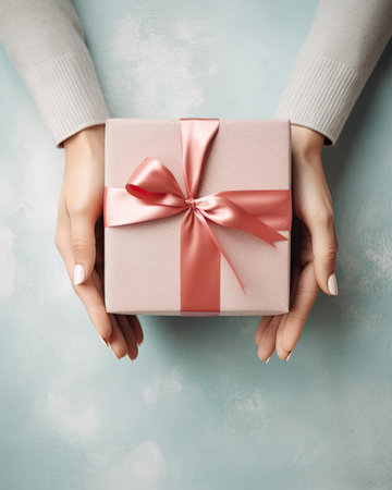 Female hands hold a gift box on a blue background. Top view.の素材