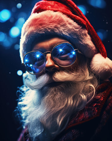 Close-up portrait of Santa Claus in sunglasses and a red scarf. Christmas.の素材