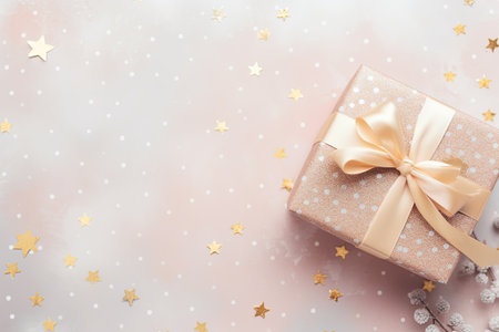 Gift box with golden bow and stars confetti on pink backgroundの素材