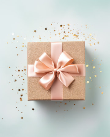 Gift box with golden bow and confetti on pastel blue background. Flat lay, top view.の素材