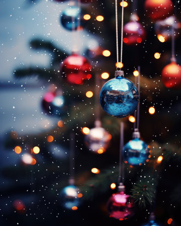 Christmas tree with colorful baubles on bokeh background.の素材