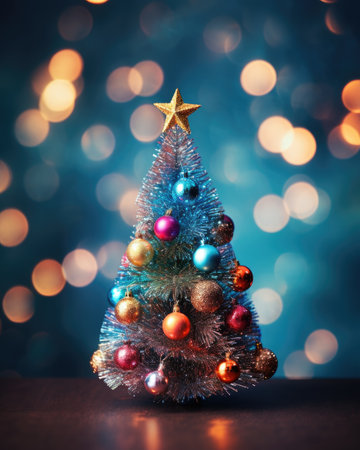 Christmas tree with colorful baubles and star on bokeh backgroundの素材