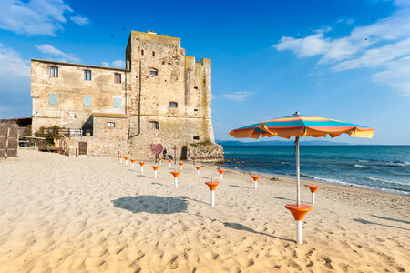 Torre Mozza is a 16th century Tuscan coastal tower, now a renowed  blue flag  beach in Tuscany, Italyのeditorial素材
