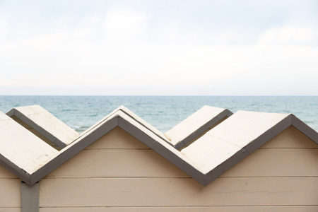 Follonica beach and bathing huts in front of Thyrrenian sea, Italyの写真素材