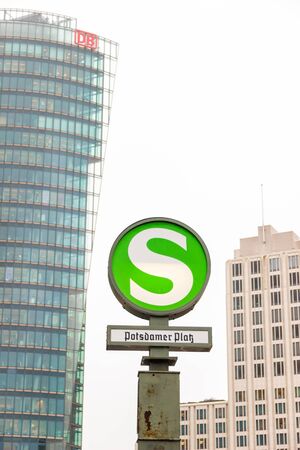 Berlin, Germany - December 21, 2017. An S-Bahn station sign in Potzdamer Platz in winterのeditorial素材
