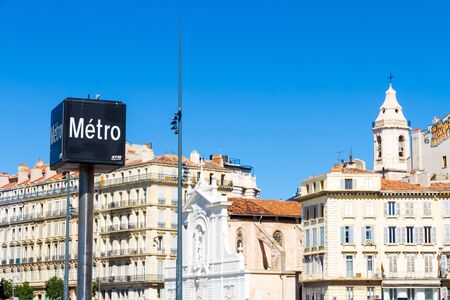 Marseille, France - September 20, 2015: A Metro (subway) sign in the city center in a summer sunny dayのeditorial素材
