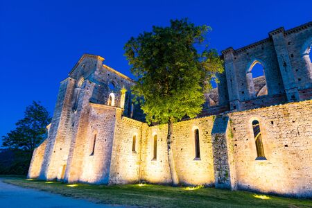 Siena, Italy - June 15, 2019: San Galgano abbey ruins in Chiusdino near Siena. San Galgano is a roofless Cistercian abbey in Tuscany.のeditorial素材