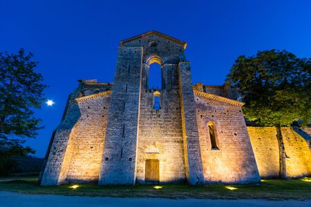 Siena, Italy - June 15, 2019: San Galgano abbey ruins in Chiusdino near Siena. San Galgano is a roofless Cistercian abbey in Tuscany.のeditorial素材
