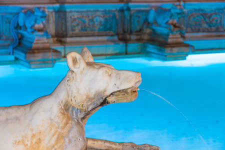 Particular of Fonte Gaia (1400s) at night in the Piazza del Campo, Siena, Italy.のeditorial素材