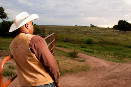 Rear view of an African American cowboy.の写真素材