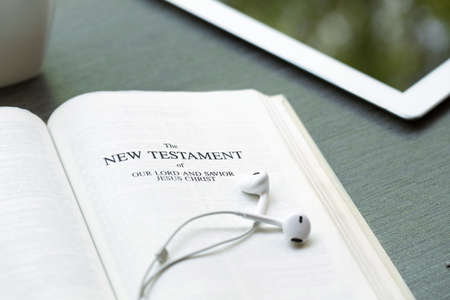 Christian background of a Bible and ipad.の写真素材